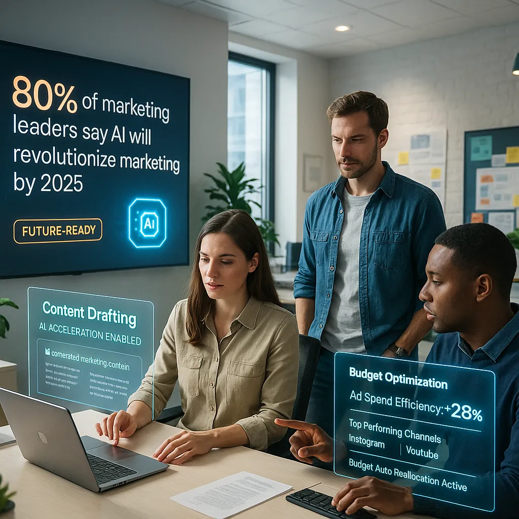 Marketing team utilizing AI Driven Marketing Solutions with real-time analytics and budget optimization dashboards.