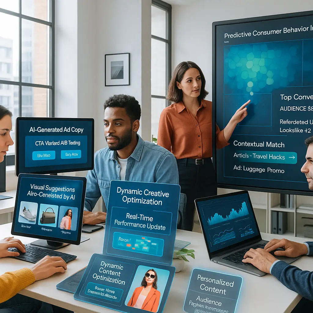 Marketing professionals using AI Driven Marketing Solutions for content creation, audience segmentation, and dynamic campaign optimization.