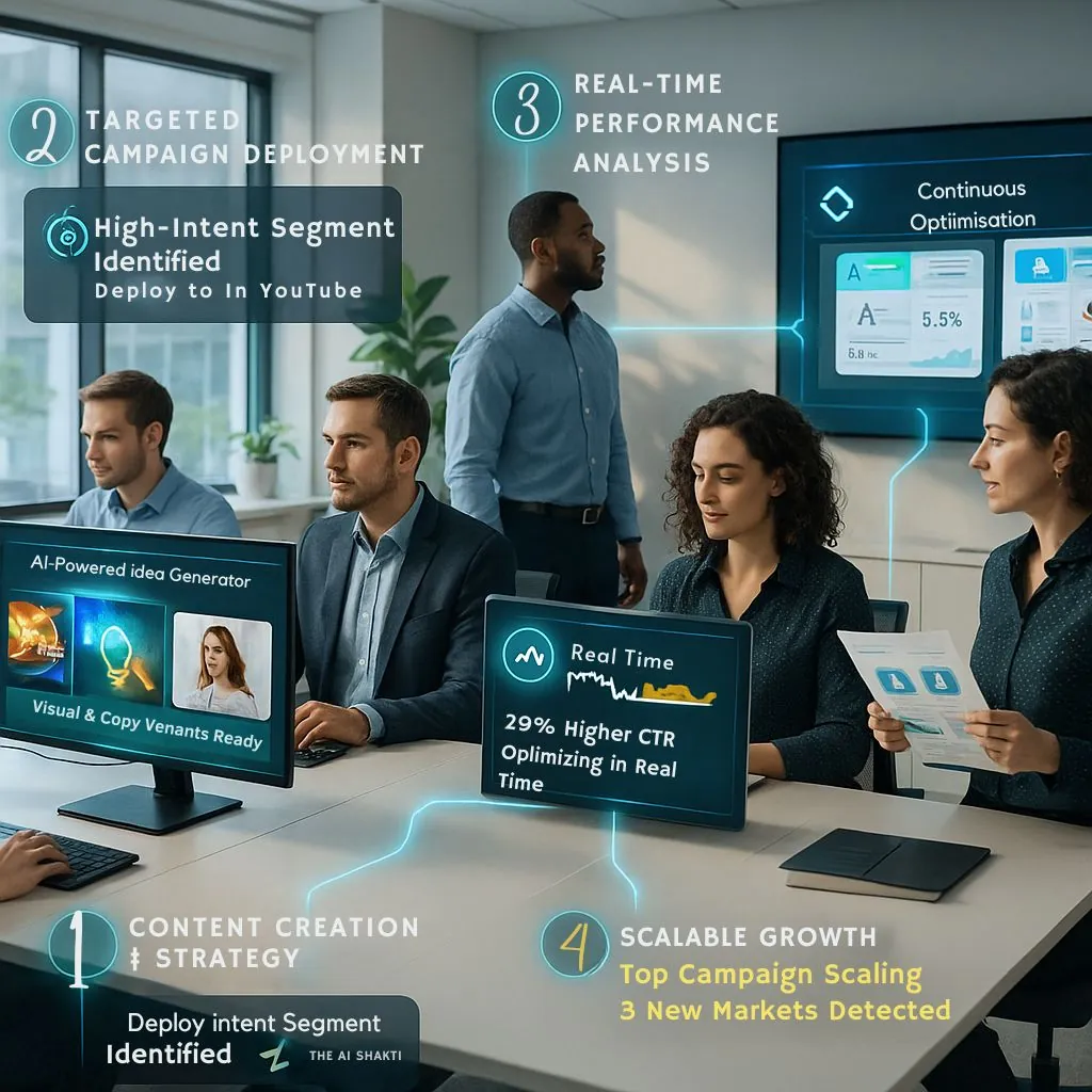 Visual representation of AI Driven Marketing Solutions showcasing content creation, targeted campaign deployment, and real-time performance analysis.
