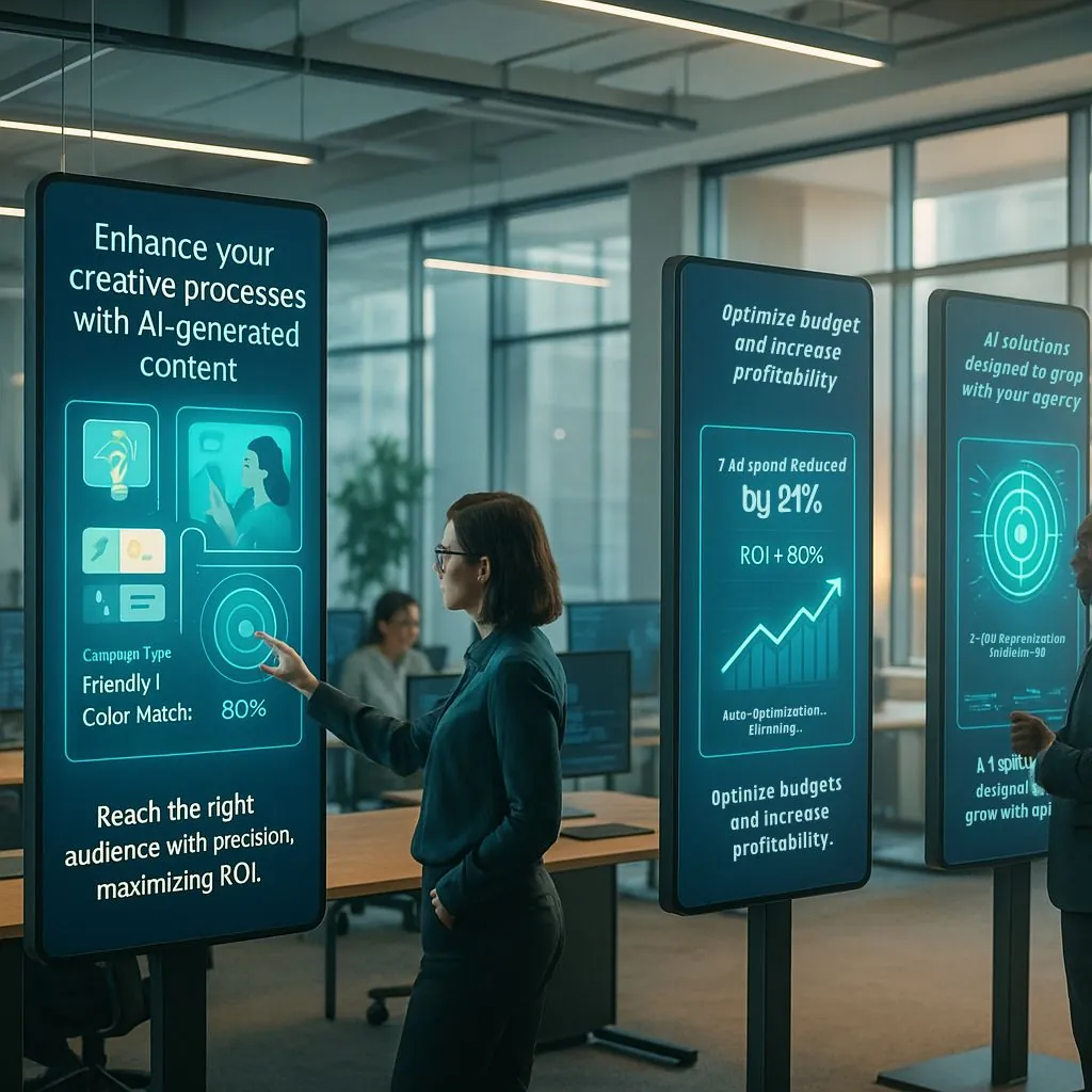 Business professionals analyzing AI-driven marketing dashboards showcasing improved targeting accuracy, cost reduction, and scalable solutions with AI Driven Marketing Solutions by The AI Shakti.