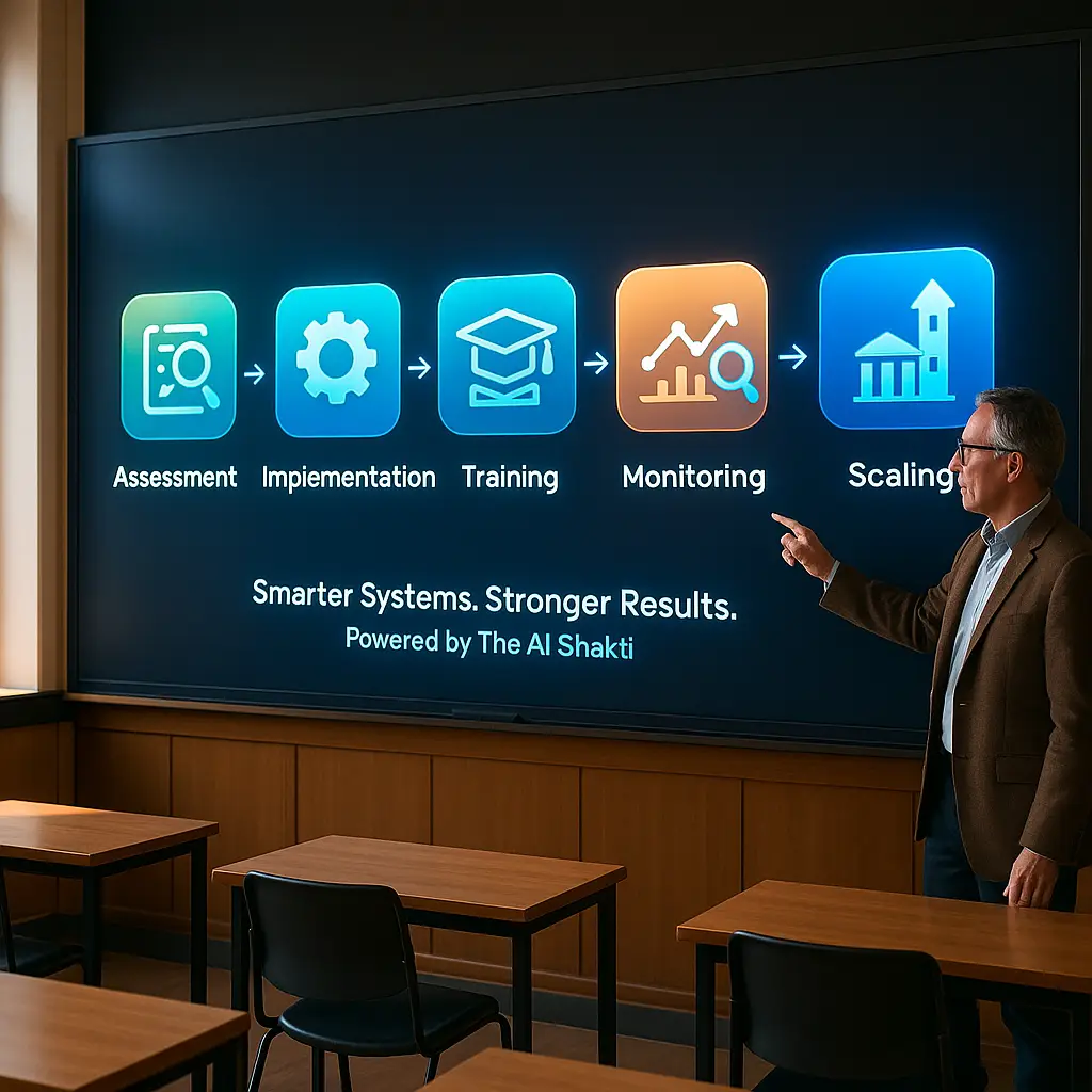 AI Powered Education Solutions demonstrating assessment, implementation, training, monitoring, and scaling for educational excellence.