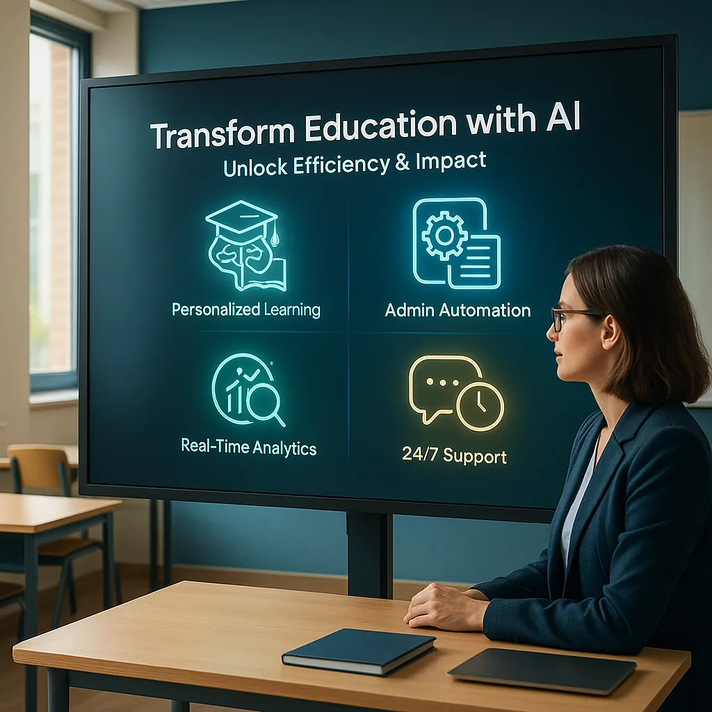 AI Powered Education Solutions showcasing personalized learning, admin automation, real-time analytics, and 24/7 support.