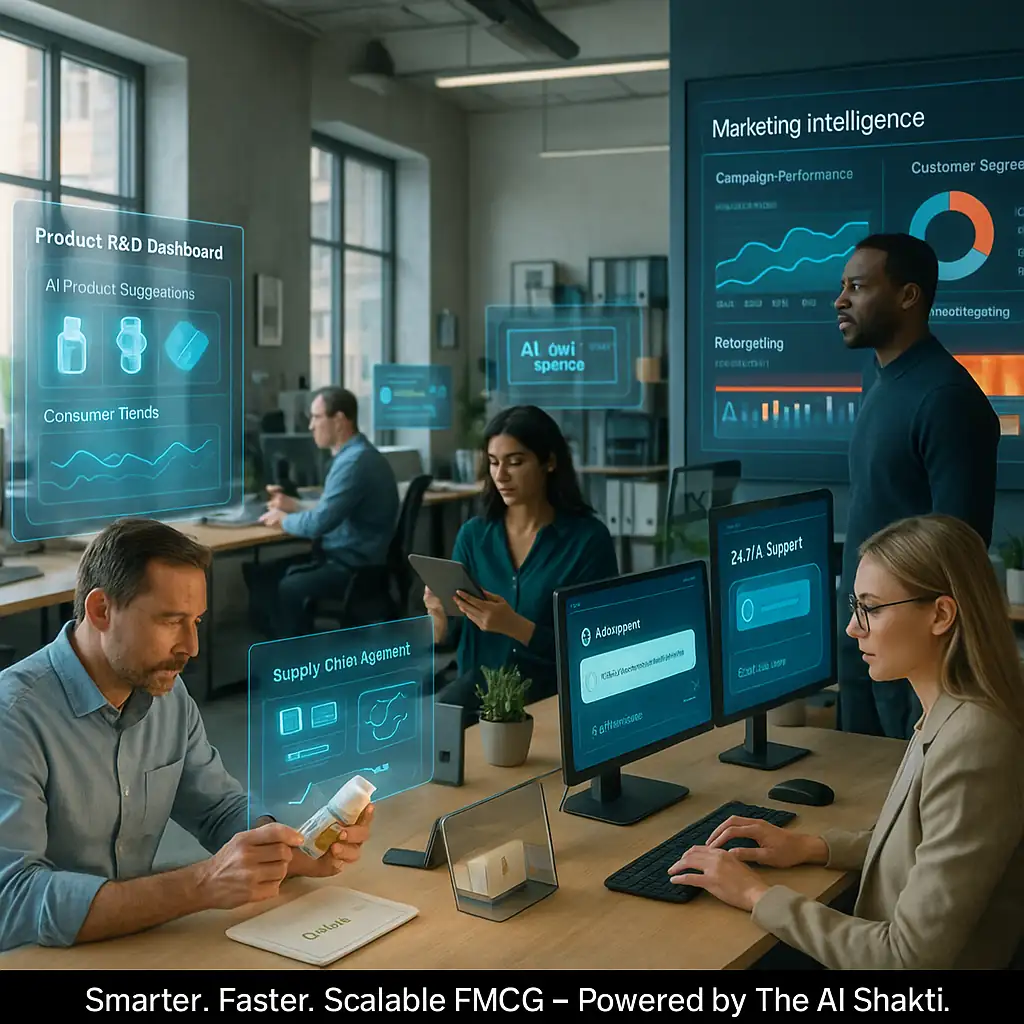 AI Powered FMCG Solutions showcasing automated product development, supply chain management, marketing intelligence, and customer engagement powered by AI.