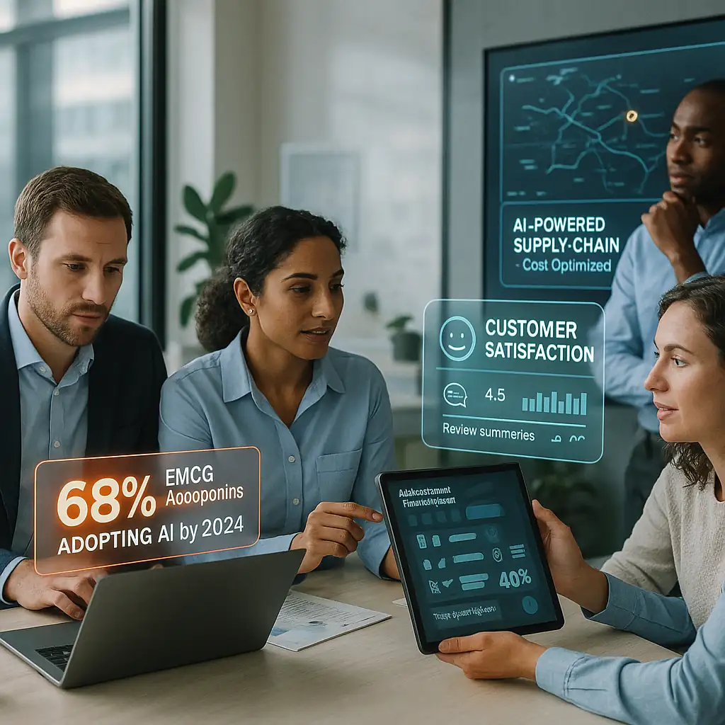 AI Powered FMCG Solutions showcasing AI-driven supply chain optimization, customer satisfaction analytics, and accelerated product innovation for FMCG companies.