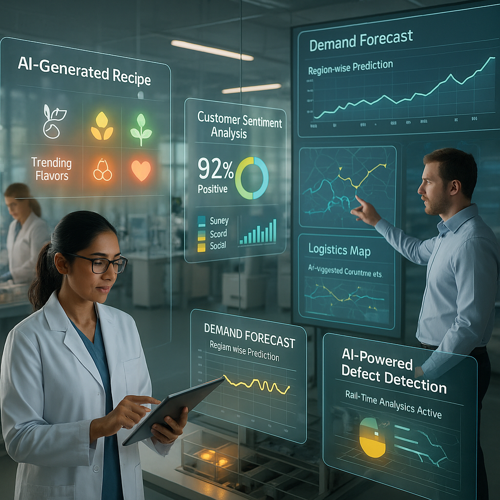 AI Powered FMCG Solutions showing scientists and analysts using AI tools for product innovation, demand forecasting, logistics optimization, and defect detection.