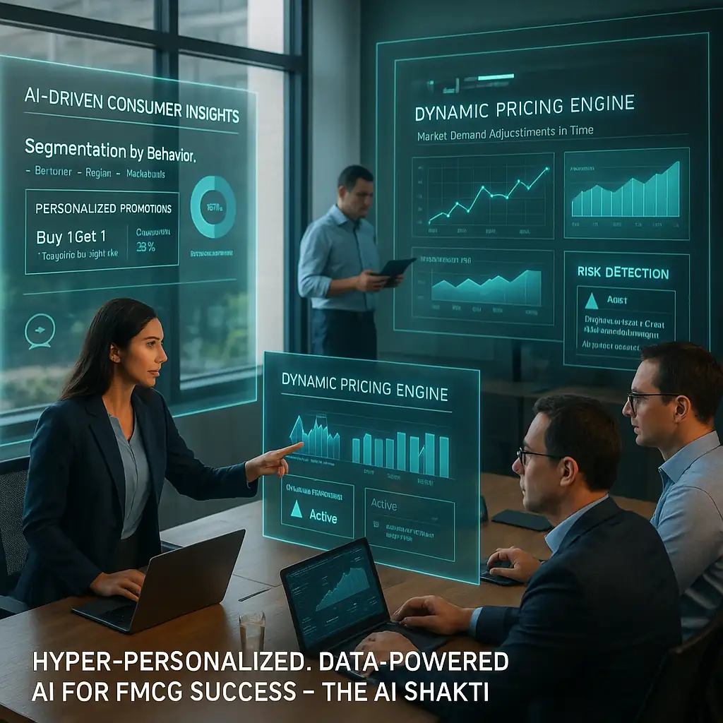 AI Powered FMCG Solutions showing AI-driven consumer insights, personalized promotions, dynamic pricing strategies, and risk detection to boost FMCG performance.