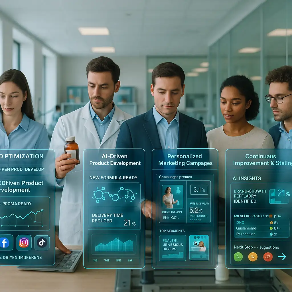 AI Powered FMCG Solutions illustrating digital setup, AI-driven product development, supply chain automation, personalized marketing, and continuous improvement for FMCG companies.