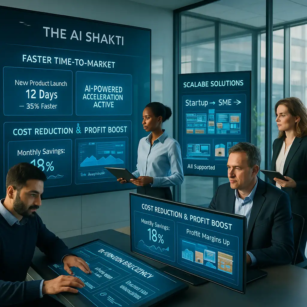 AI Powered FMCG Solutions showing automated product development, accelerated time-to-market, cost savings, and scalable strategies for FMCG businesses.