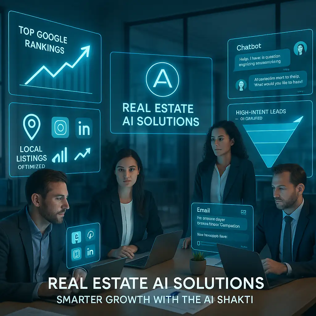 AI Powered Real Estate Solutions showing advanced digital marketing, AI chatbots, lead nurturing, and automated CRM for real estate businesses.