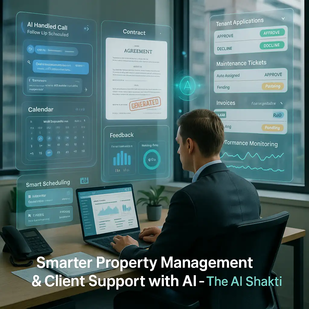 AI Powered Real Estate Solutions showcasing automated property management, AI call handling, document generation, tenant onboarding, and performance monitoring.
