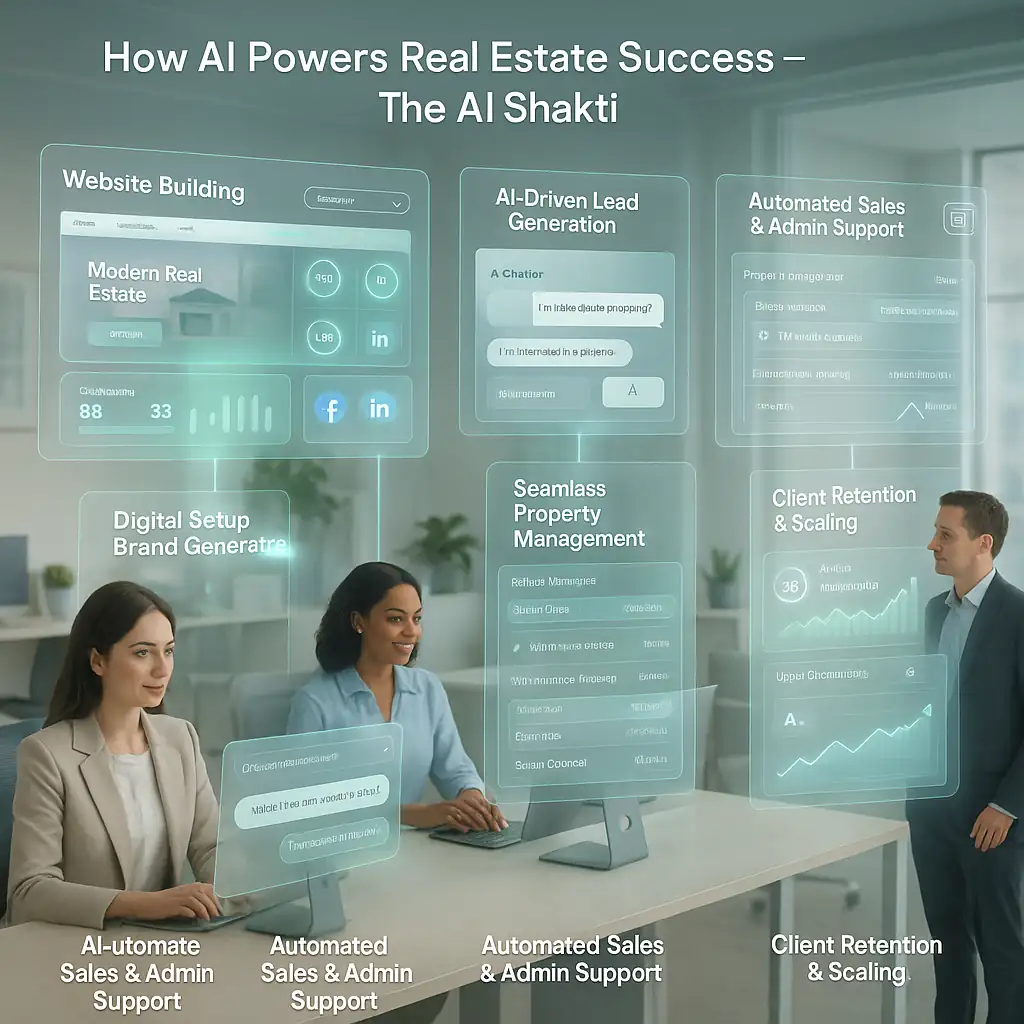 AI Powered Real Estate Solutions showcasing a complete workflow including digital setup, AI-driven lead generation, automated sales support, property management, and client retention strategies.
