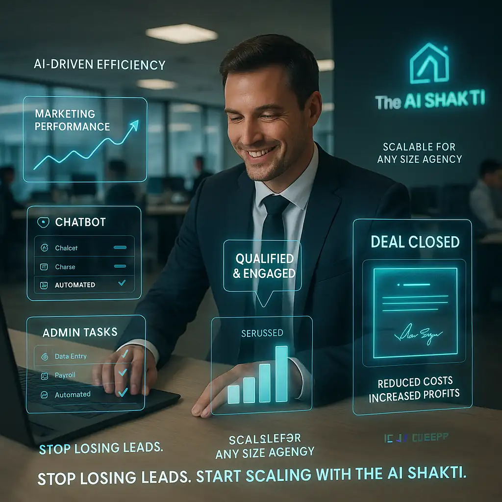 AI Powered Real Estate Solutions showing automated marketing, client interaction, and operations to boost transactions, reduce costs, and scale agencies.