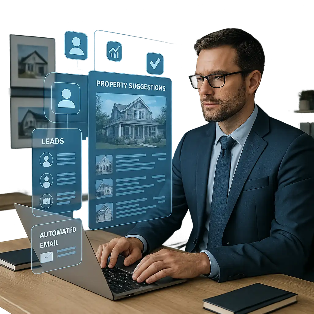 AI Powered Real Estate Solutions featuring a realtor using AI tools for automated emails, lead management, and property suggestions to streamline operations.