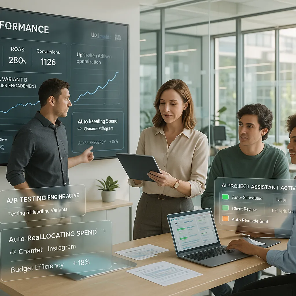 AI Powered Advertising Solutions showcasing real-time analytics dashboards, automated A/B testing, budget optimization, and workflow automation for enhanced campaign performance.