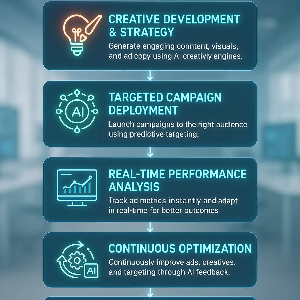 AI Powered Advertising Solutions showcasing the optimized process including creative development, targeted campaign deployment, real-time analysis, and continuous optimization for scalable growth.