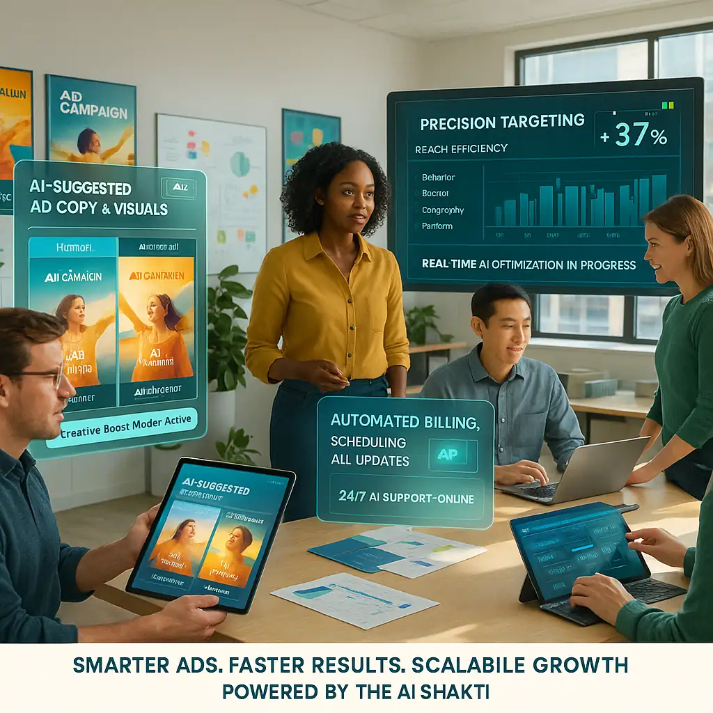 AI Powered Advertising Solutions showcasing automated creative development, audience targeting, and real-time performance monitoring for ad agencies.