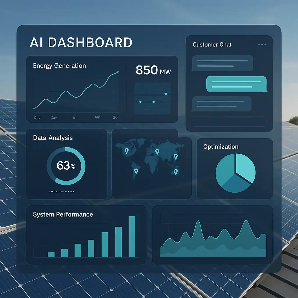 AI Powered Solar Industry Solutions featuring an advanced AI dashboard for energy generation tracking, data analysis, system optimization, and customer interaction.