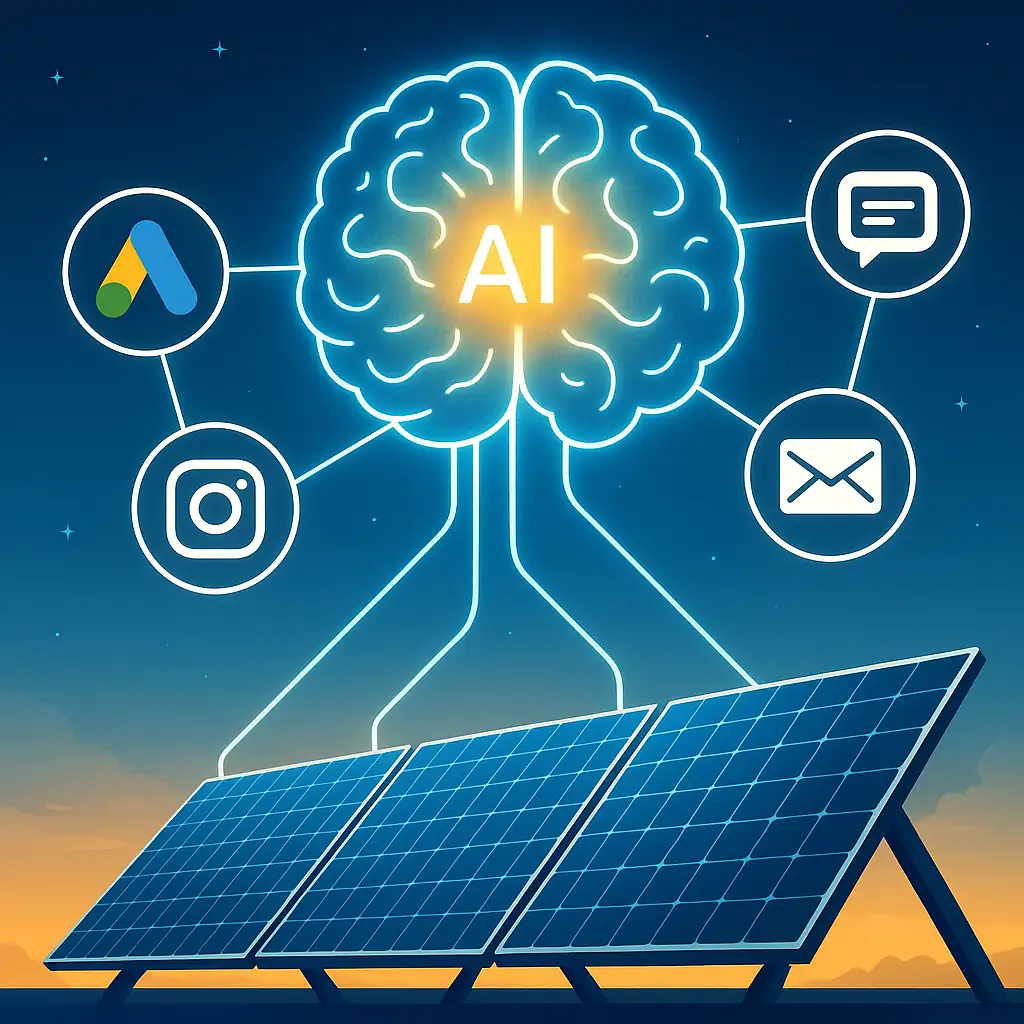 AI Powered Solar Industry Solutions showcasing AI-driven digital marketing, social media growth, PPC ads, chatbots, and automated lead generation for solar businesses.