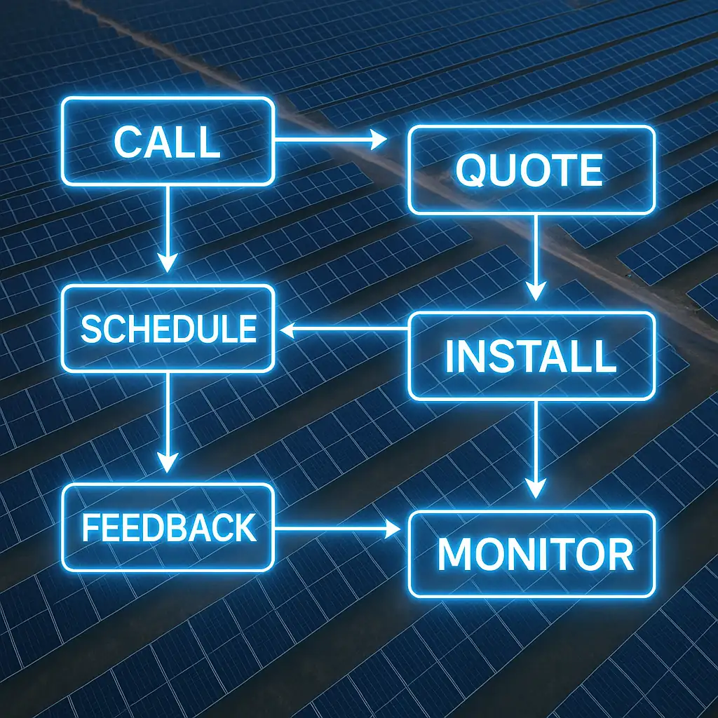 AI Powered Solar Industry Solutions showcasing automated customer support, proposal generation, scheduling, installation, billing, and performance monitoring.
