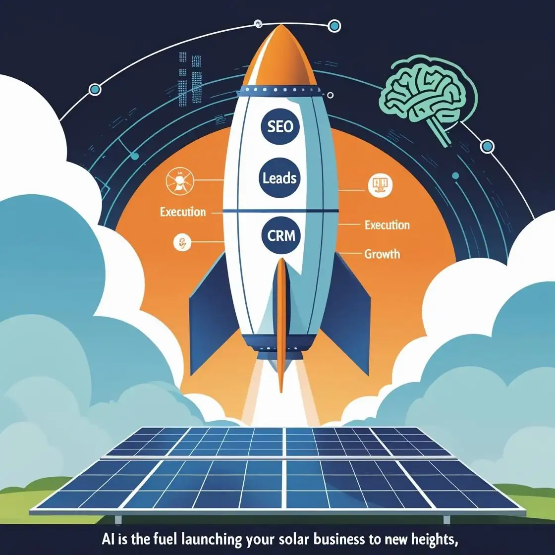 AI Powered Solar Industry Solutions illustrated by a rocket launching from solar panels, symbolizing AI-driven lead generation, automation, and business scaling.