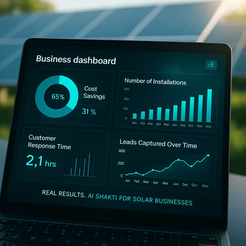 AI Powered Solar Industry Solutions with a business dashboard showing cost savings, installations growth, lead capture trends, and improved customer response times.