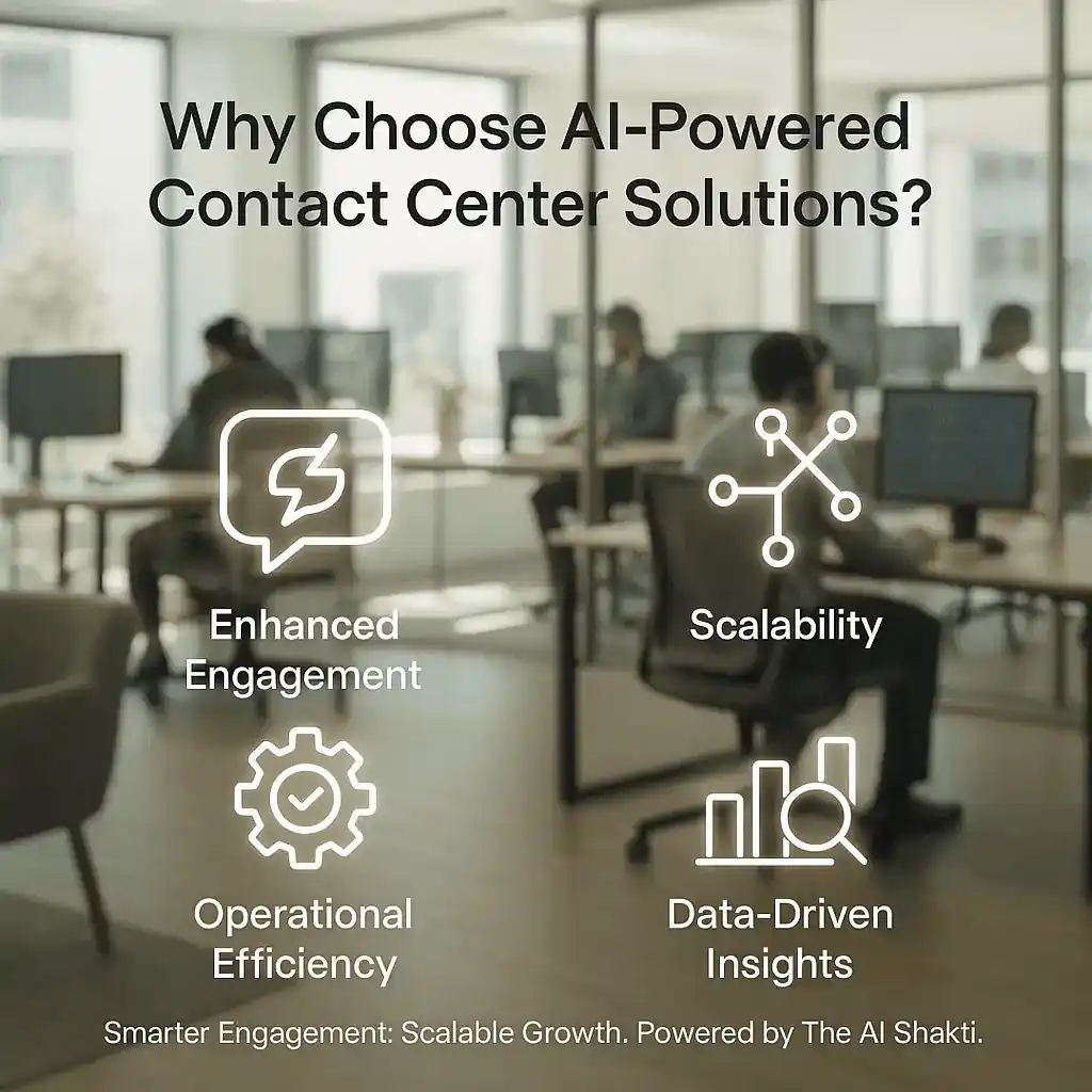Office with agents working on computers, highlighting benefits of AI Driven Contact Center Solutions like scalability, operational efficiency, and data-driven insights.