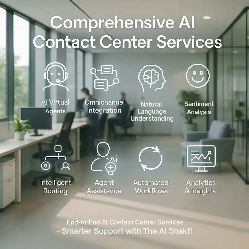 AI Driven Contact Center Solutions featuring virtual agents, omnichannel integration, natural language understanding, sentiment analysis, intelligent routing, agent assistance, automated workflows, and analytics.