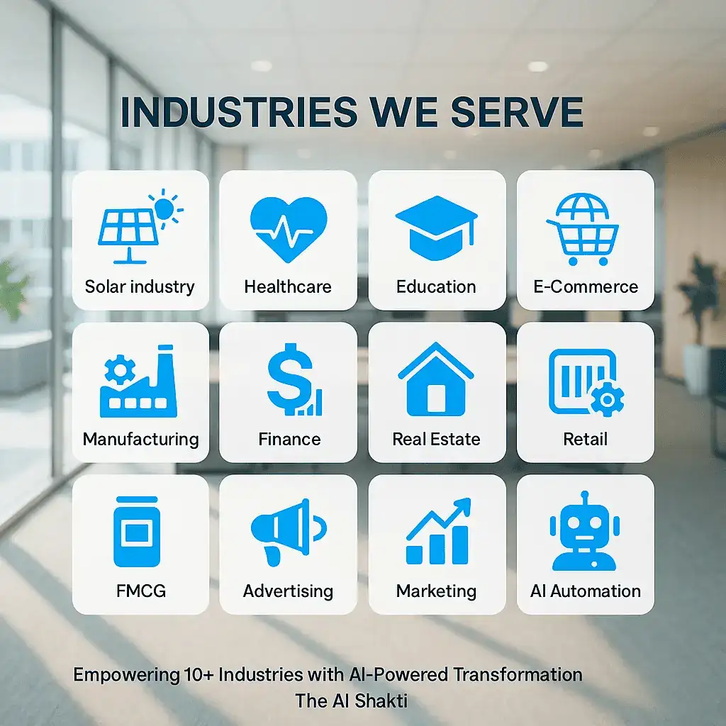 AI Driven Contact Center Solutions tailored for multiple industries, including solar, healthcare, education, e-commerce, manufacturing, finance, real estate, retail, FMCG, advertising, marketing, and AI automation.