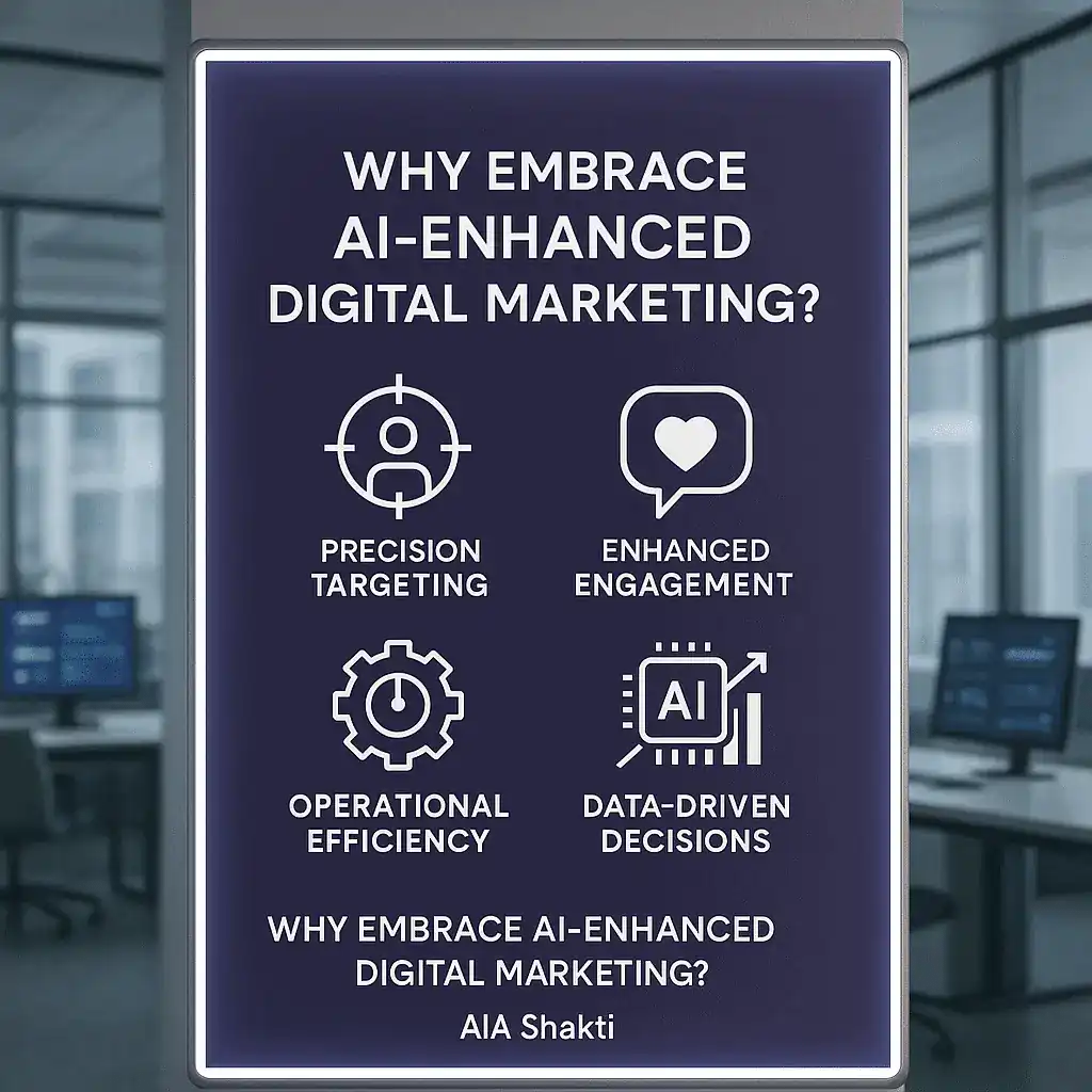 Infographic showcasing the benefits of AI Driven Digital Marketing Services including precision targeting, enhanced engagement, operational efficiency, and data-driven decisions.
