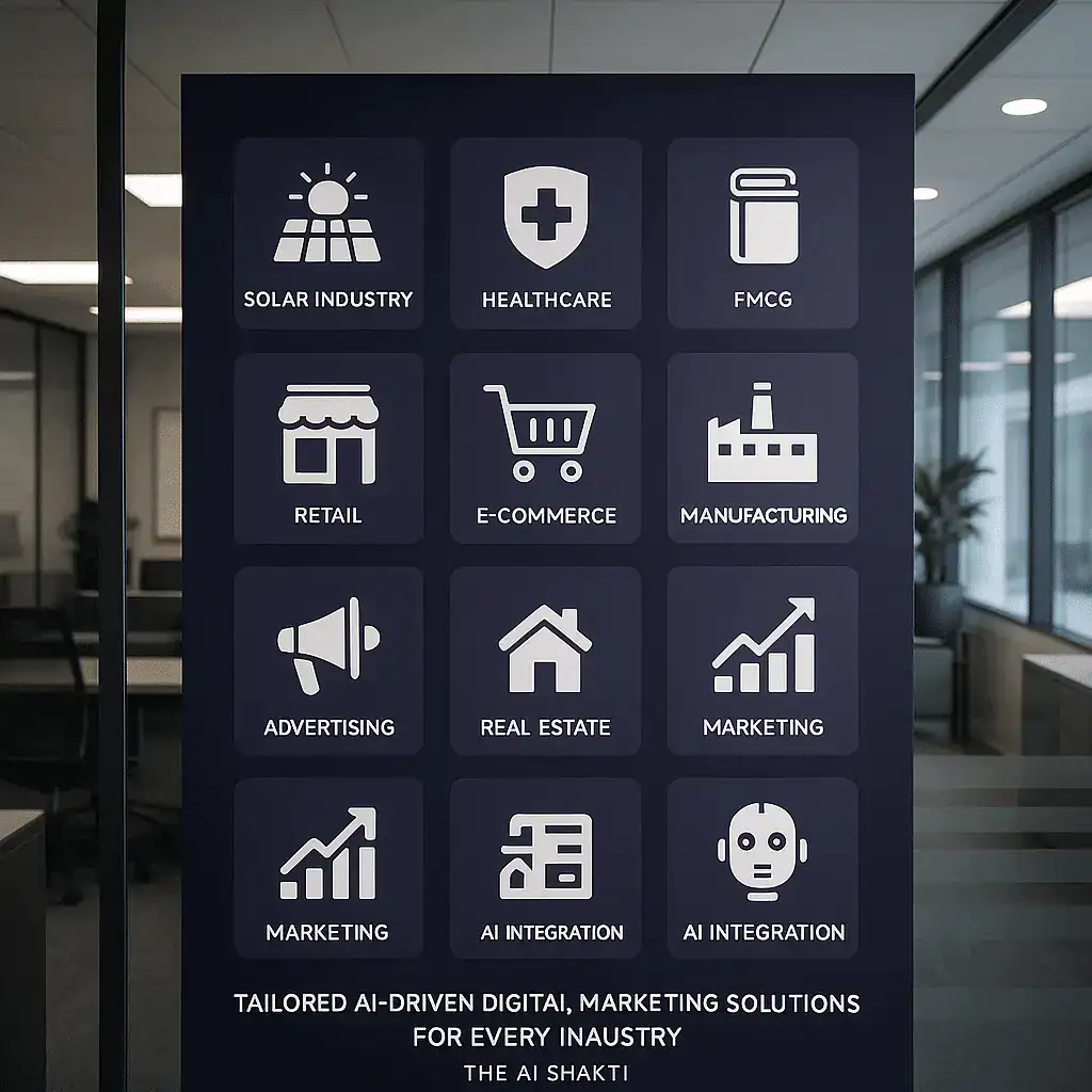 Poster showcasing AI driven digital marketing services for industries like solar, healthcare, FMCG, retail, and more