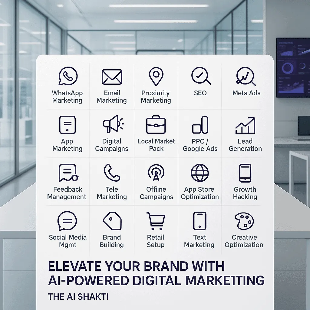AI Driven Digital Marketing Services showcasing WhatsApp marketing, email campaigns, Meta Ads, SEO, app marketing, PPC, lead generation, social media management, brand building, and creative optimization.