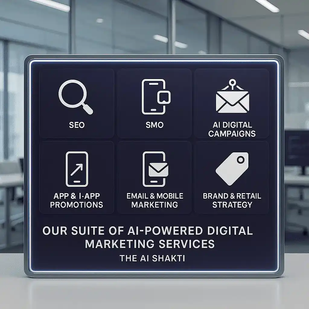 Visual matrix highlighting key components of AI Driven Digital Marketing Services, including SEO, SMO, AI digital campaigns, app promotions, mobile marketing, and retail strategy.