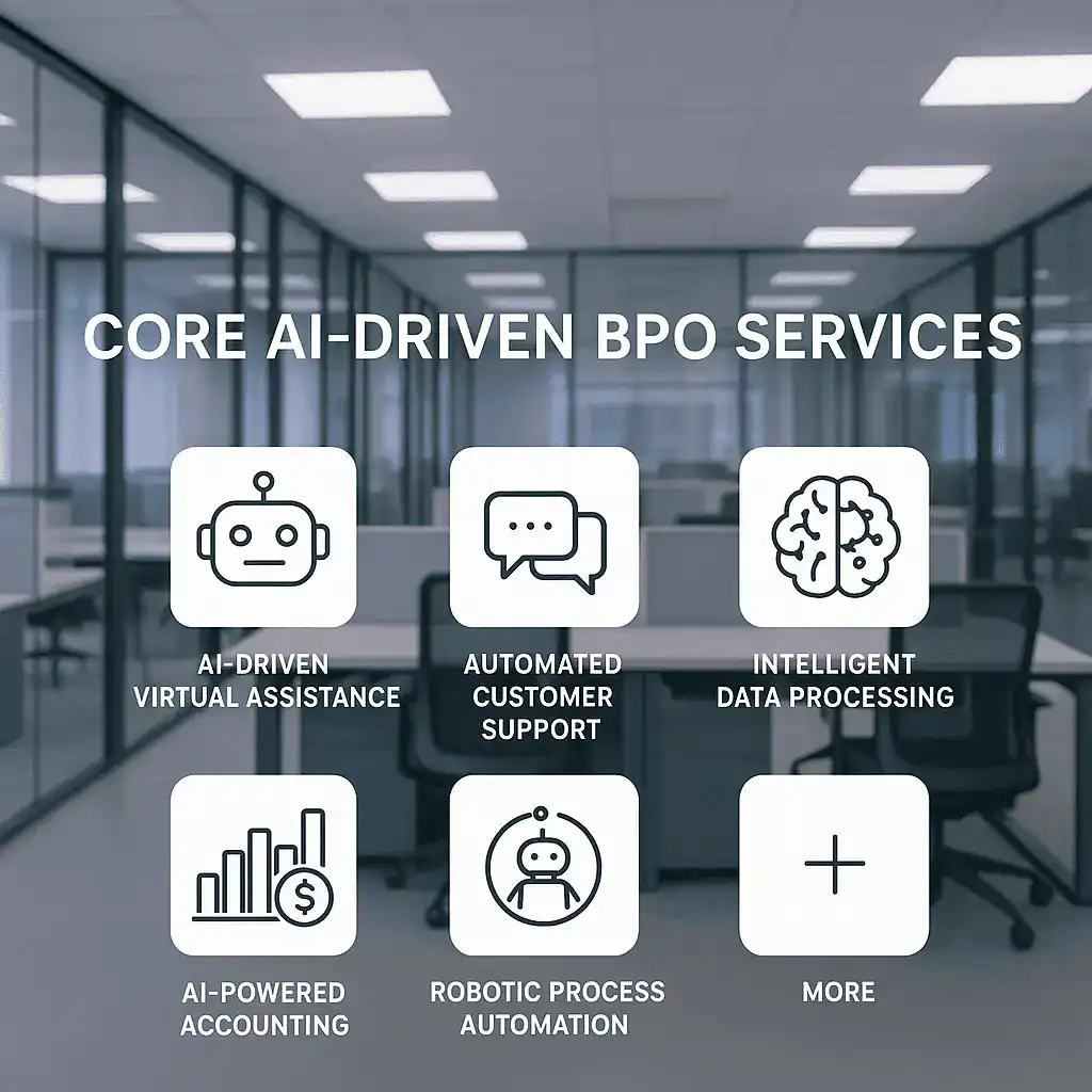 Office backdrop with icons representing core AI-driven digital marketing and BPO services such as virtual assistance, customer support, RPA, and more