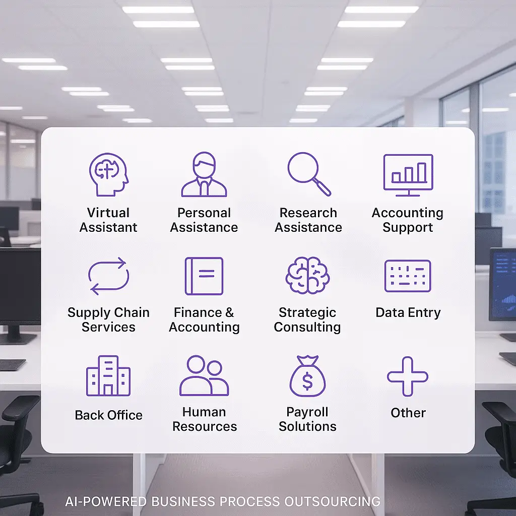 AI Powered Business Process Outsourcing Services with virtual assistance, accounting support, HR payroll, supply chain management, data entry, and strategic consultancy