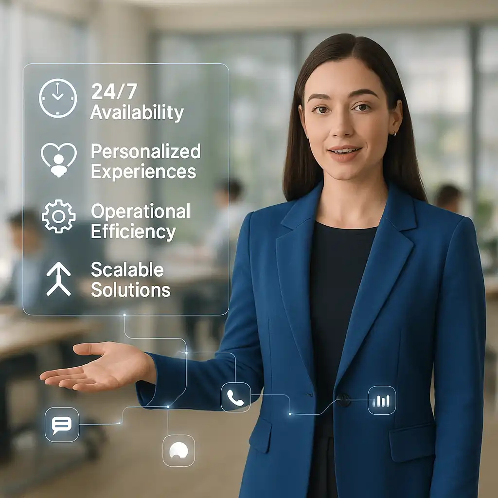 Professional woman presenting AI Powered Customer Interaction Services with icons for 24/7 availability, personalized experiences, operational efficiency, and scalable solutions.