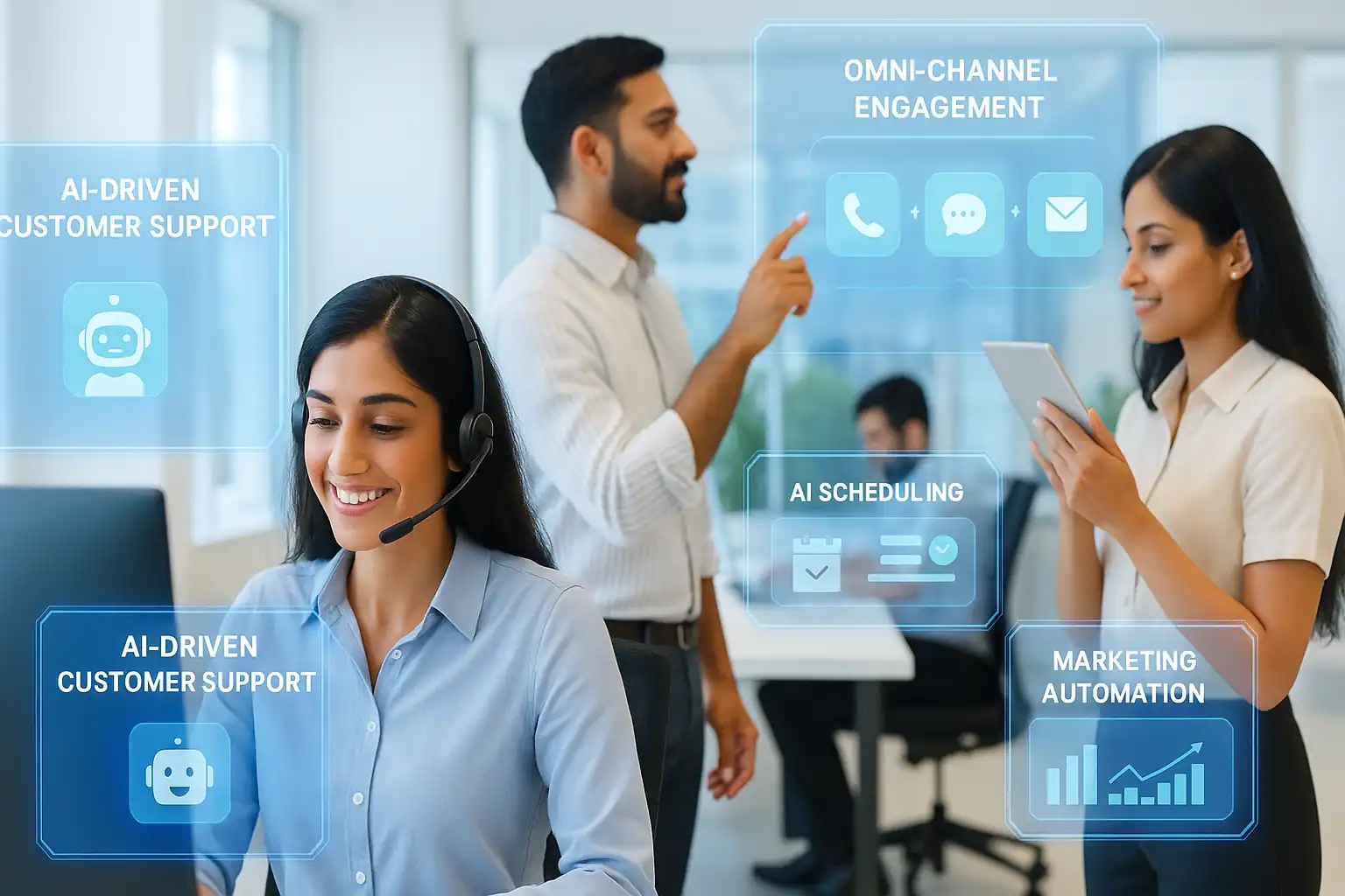 Team using AI Powered Customer Interaction Services including AI-driven customer support, omni-channel engagement, scheduling, and marketing automation.