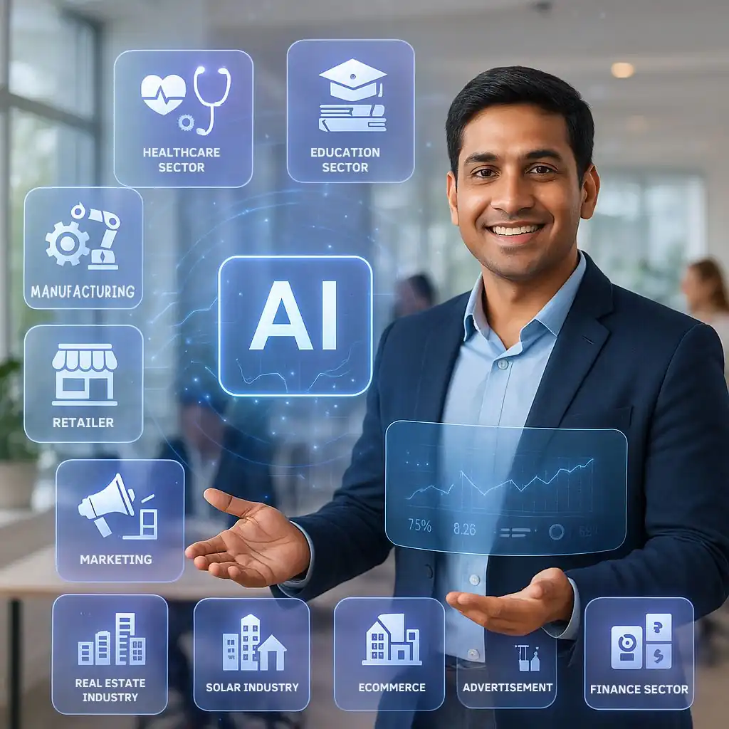 Business professional showcasing various industries served by AI Powered Customer Interaction Services, including healthcare, education, ecommerce, real estate, marketing, and more.