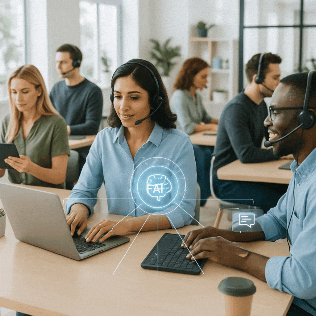 AI Powered Customer Interaction Services with inbound call center, outbound call center, appointment scheduling, order management, omni channel support, marketing services, verification services, chat support, and help desk.