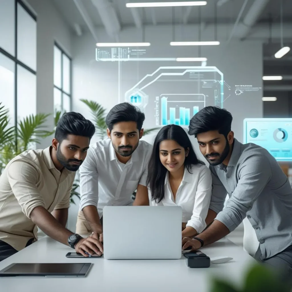 AI Powered Outsourcing Solutions team working on consultation, analysis, custom solutions, execution, and optimization to drive business success.