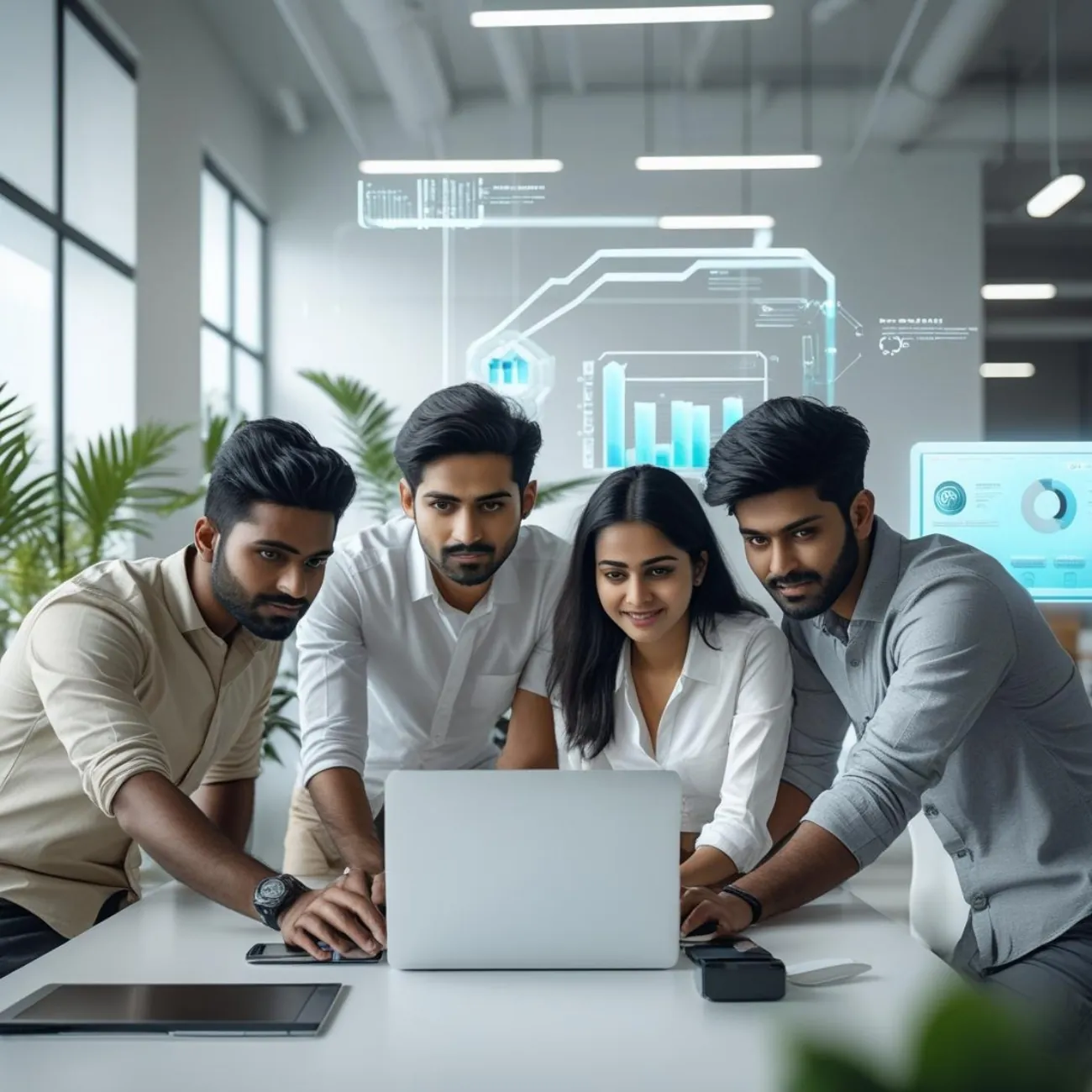 AI Powered Outsourcing Solutions team working on consultation, analysis, custom solutions, execution, and optimization to drive business success.