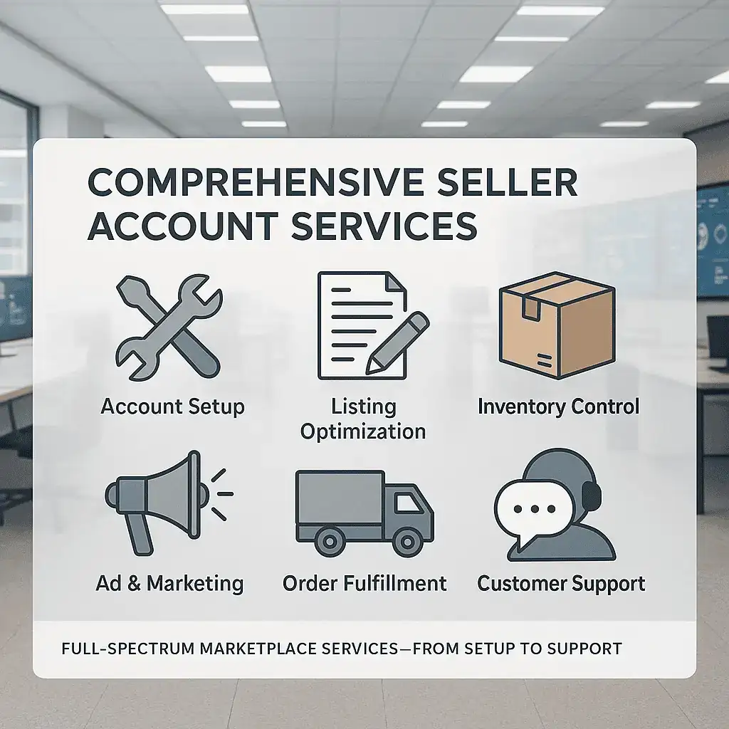 AI Powered Third Party Seller Account Services featuring account setup, listing optimization, inventory control, advertising, order fulfillment, and customer support.