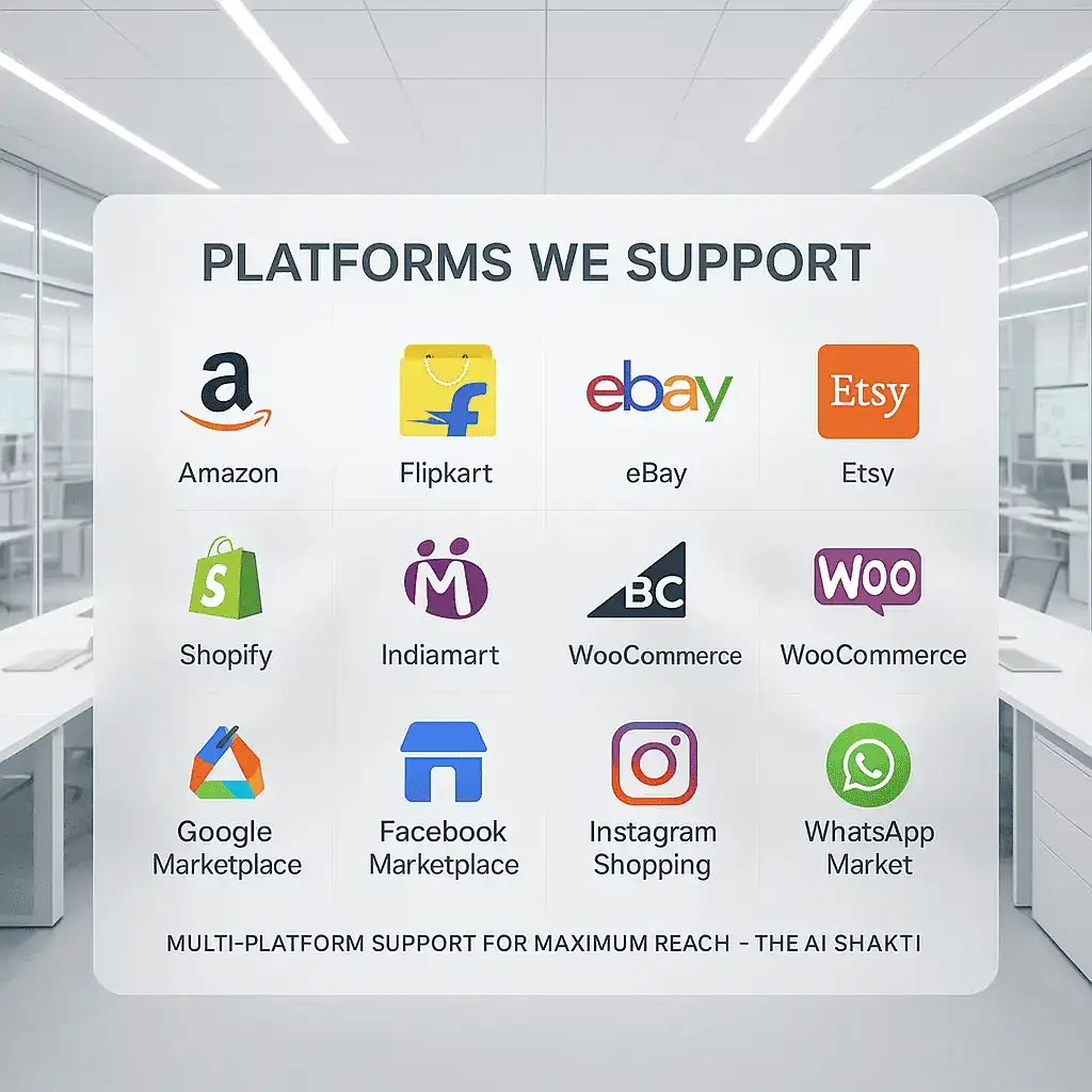 AI Powered Third Party Seller Account Services supporting Amazon, eBay, Walmart, Etsy, Shopify, Flipkart, Indiamart, WooCommerce, Google Marketplace, Facebook Marketplace, Instagram Shopping, and WhatsApp Market.
